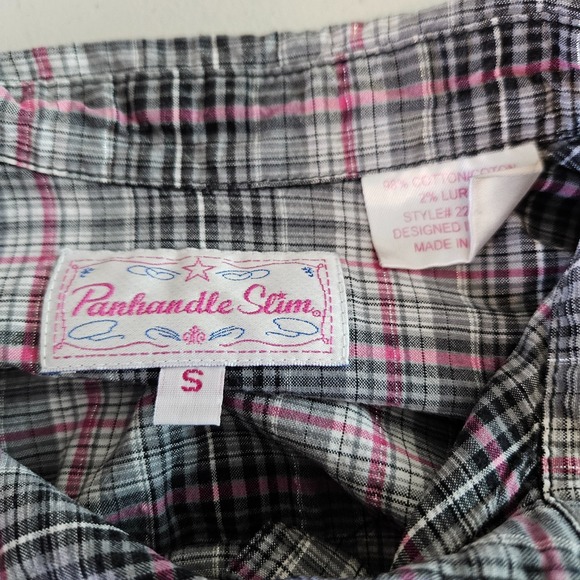 Panhandle Slim Womens Pearl Snap Shirt Sz Small Gray Pink Plaid Long Sleeve - Picture 4 of 4